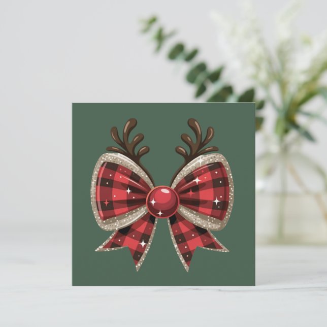 Tarjeta Festiva Coquette Christmas Bow Glitter Girly Red Plaid  (Anverso de pie)