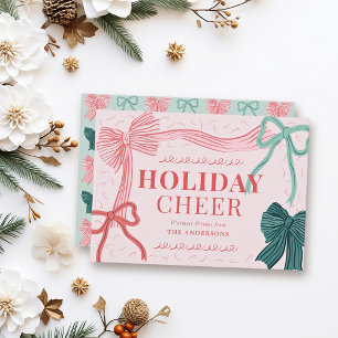 Tarjeta Festiva Coquette Core Red & Green Bows Navidades rosados