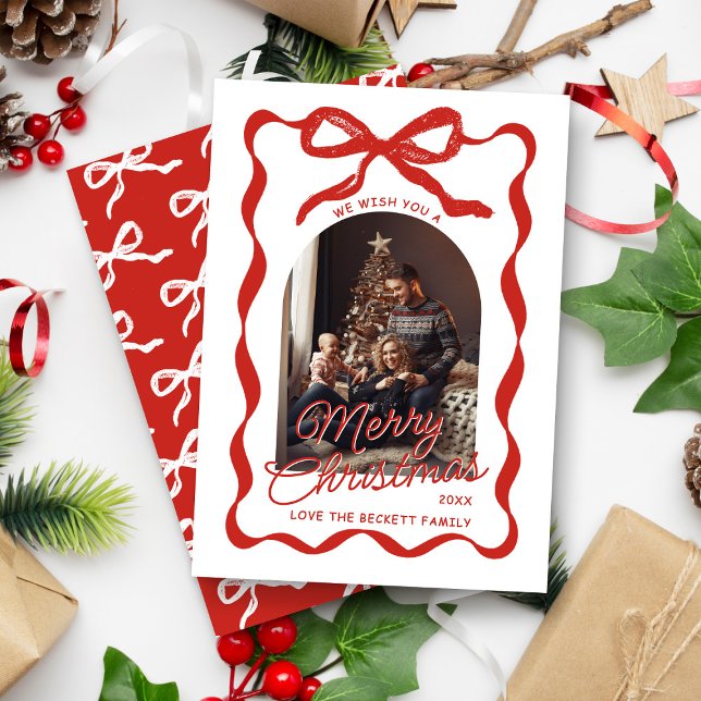 Tarjeta Festiva Coquette Curvy Ribbon & Bow Retro Christmas Photo (Subido por el creador)