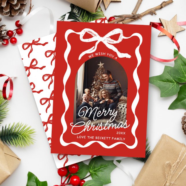 Tarjeta Festiva Coquette Curvy Ribbon & Bow Retro Christmas Photo (Subido por el creador)