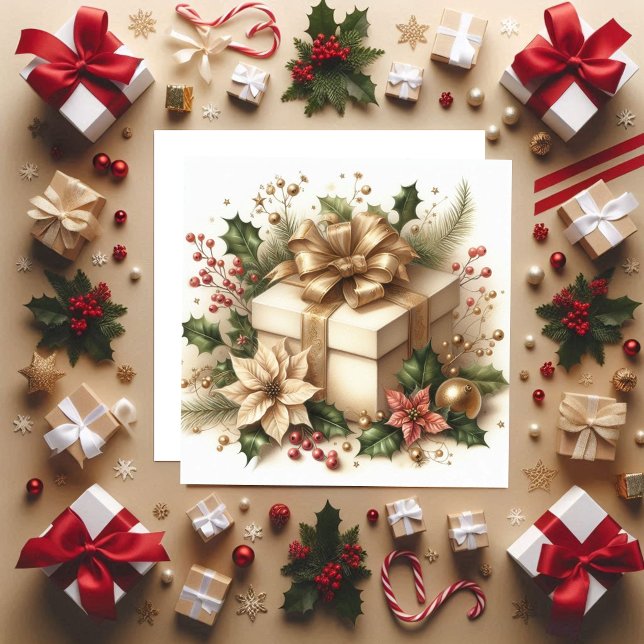 Tarjeta Festiva Coquette Holly y Golden Bow (Subido por el creador)