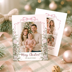 Tarjeta Festiva Coquette Pink Bow Cuatro Navidades de fotografía