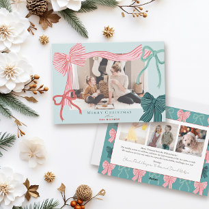 Tarjeta Festiva Coquette Red & Green Bows 4 Foto Navidades verdes