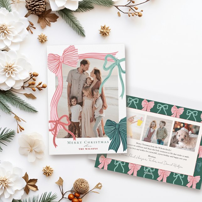 Tarjeta Festiva Coquette Red & Green Bows 4 Fotos Navidades (Subido por el creador)