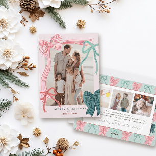Tarjeta Festiva Coquette Red & Green Bows 4 fotos Navidades rosado