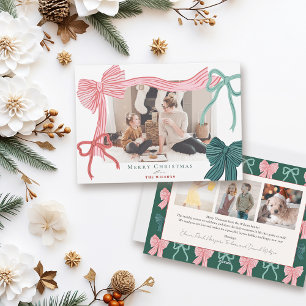 Tarjeta Festiva Coquette Red & Green Bows 4 Navidades de fotografí