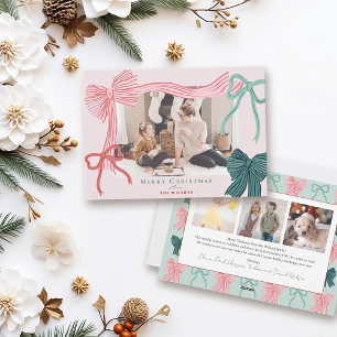 Tarjeta Festiva Coquette Red & Green Bows 4 Navidades rosados foto