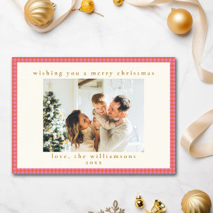 Tarjeta Festiva Coral Naranja Rosa Cuadro de Gingham Familia Fiest