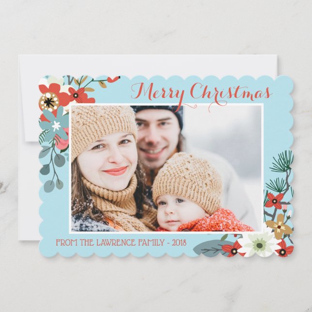 Tarjeta Festiva Coral Red Floral Blue Navidades Foto (Anverso)