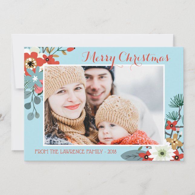 Tarjeta Festiva Coral Red Floral Blue Navidades Foto (Anverso)