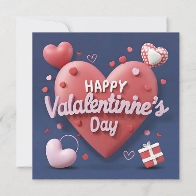 Tarjeta Festiva corazón 3d con texto Feliz Día de San Valentín (Anverso)