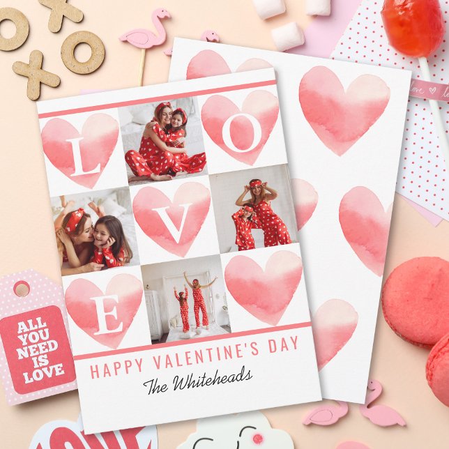 Tarjeta Festiva Corazón acuático Collage de fotos San Valentín (Send some love to your family and friends with this photo collage Valentine's Day card.)