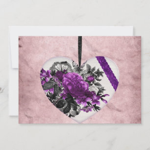 Tarjeta Festiva Corazón blanco vintage con flores púrpura  