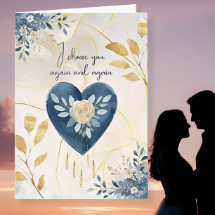 Tarjeta Festiva Corazón Botánico Azul con Acentos de Letra Dorada