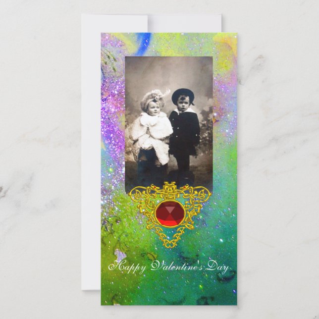 TARJETA FESTIVA CORAZÓN CELÁTICO EN VIOLETO, VERDE, AMARILLO DE OR (Anverso)