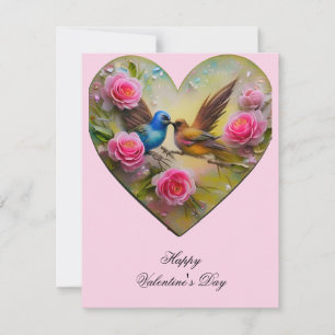 Tarjeta Festiva Corazón con flores rosadas y pájaros San Valentín