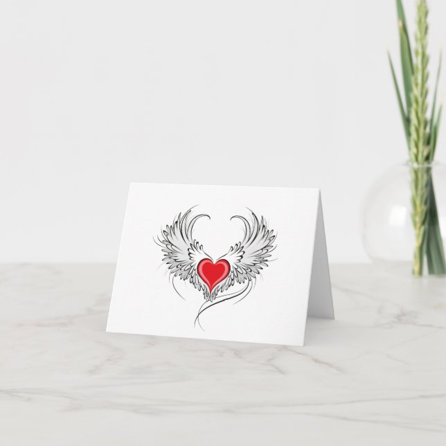 Tarjeta Festiva Corazón de Ángel Rojo con alas (Anverso)