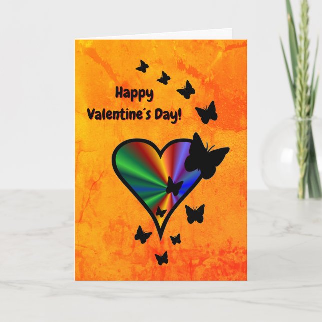 Tarjeta Festiva Corazón de Arcoíris y Mariposa (Anverso)