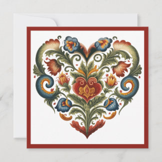 Tarjeta Festiva Corazón de Arte Popular Rosemaling Noruego para Sa