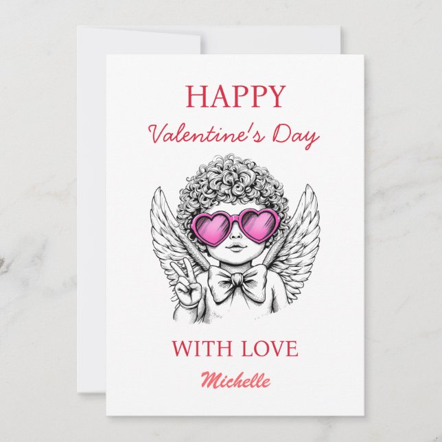 Tarjeta Festiva Corazón de Coquette angel cherub Feliz Día de San  (Anverso)