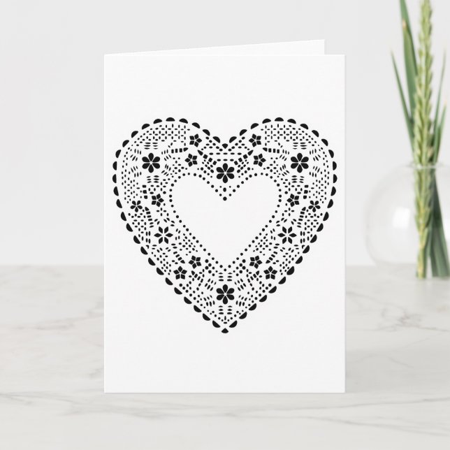 Tarjeta Festiva Corazón de encaje blanco y negro (Anverso)