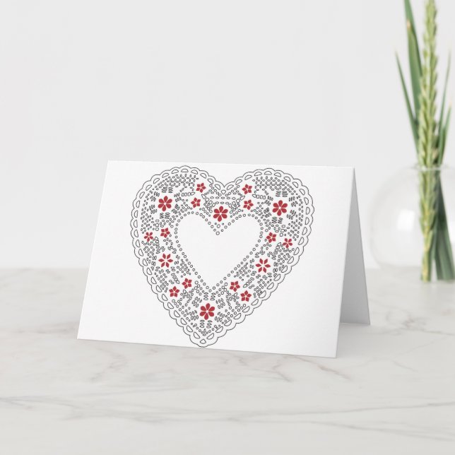 Tarjeta Festiva Corazón de encaje rojo y blanco (Anverso)