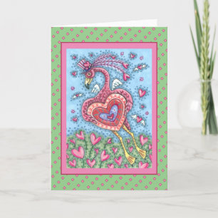 TARJETA FESTIVA CORAZÓN DE FLAMINGO ROSA Y CORAZÓN DE VUELO VALENT