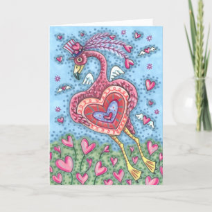 TARJETA FESTIVA CORAZÓN DE FLAMINGO ROSA Y CORAZÓN DE VUELO VALENT