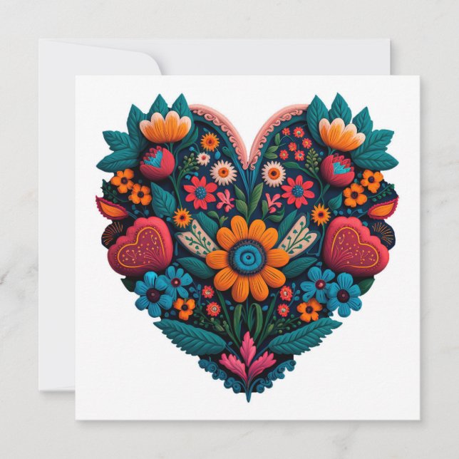 Tarjeta Festiva Corazón de flores de inspiración ucraniana (Anverso)