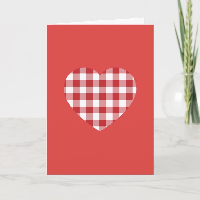 Tarjeta Festiva Corazón de Gingham Rojo (Anverso)