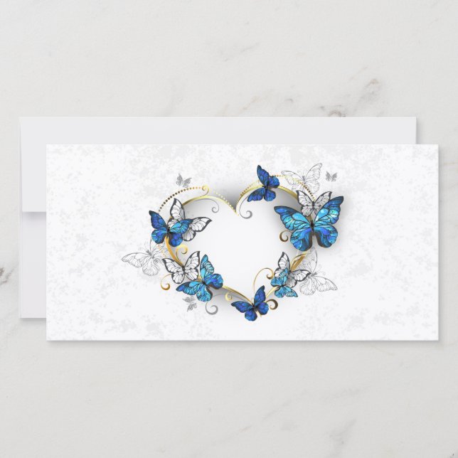 Tarjeta Festiva Corazón de joyas con mariposas Morfo (Anverso)