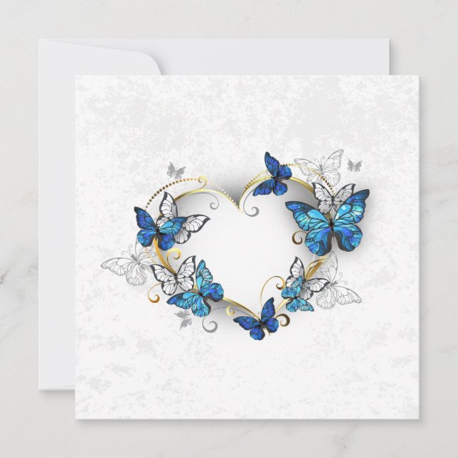 Tarjeta Festiva Corazón de joyas con mariposas Morfo (Anverso)