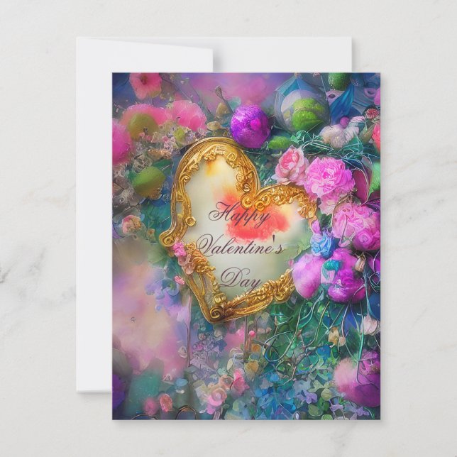 Tarjeta Festiva Corazón de oro romántico y flores valentín  (Anverso)