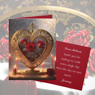 Tarjeta Festiva Corazón de oro victoriano con rosas rojas, vintage