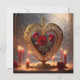 Tarjeta Festiva Corazón de oro victoriano con rosas rojas, vintage