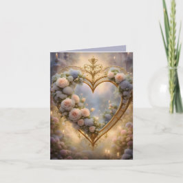 Tarjeta Festiva Corazón de oro victoriano con rosas, vintage