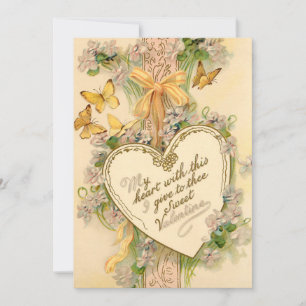 Tarjeta Festiva Corazón de San Valentín vintage, cintas y mariposa