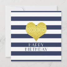Corazón Dorado Rayas Azules Feliz Cumpleaños