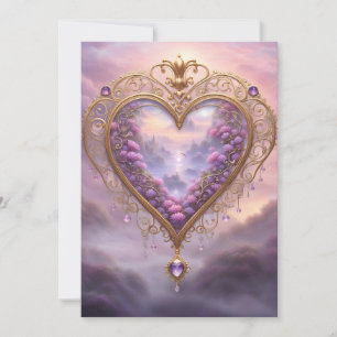 Tarjeta Festiva Corazón dorado victoriano con flores de lila, vint