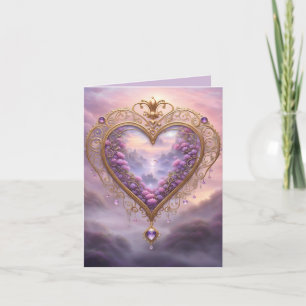 Tarjeta Festiva Corazón dorado victoriano con flores de lila, vint
