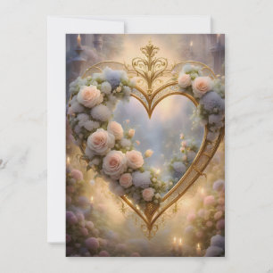 Tarjeta Festiva Corazón dorado victoriano con rosas, vintage