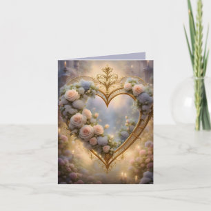 Tarjeta Festiva Corazón dorado victoriano con rosas, vintage