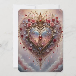 Tarjeta Festiva corazón dorado victoriano, rosas y flores, vintage