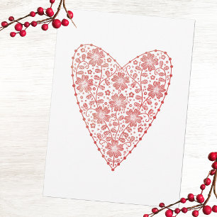 Tarjeta Festiva Corazón Escandinavo Rojo Blanco Fiesta de Invierno