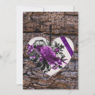 Tarjeta Festiva Corazón floral blanco morado en madera oscura
