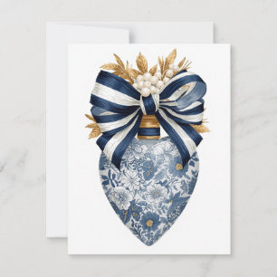 Tarjeta Festiva Corazón Floral Toile Azul Lazo de Raya de Marina