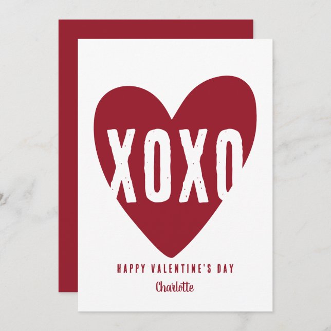 Tarjeta Festiva Corazón moderno XOXO personalizado de San Valentín (Anverso / Reverso)