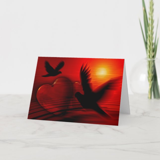 Tarjeta Festiva Corazón, palomas y puesta del sol (Anverso)