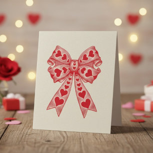 Tarjeta Festiva Corazón Retro Coqueto de San Valentín con Lazo en 