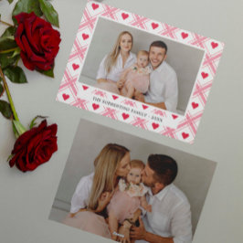 Tarjeta Festiva Corazón rojo de tartán rosa 2 foto familiar día de
